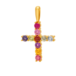 Pendentif en or jaune, saphirs, rubis, citrine, aigue-marine, péridot, cordiérite, tourmaline, améthyste et grenat