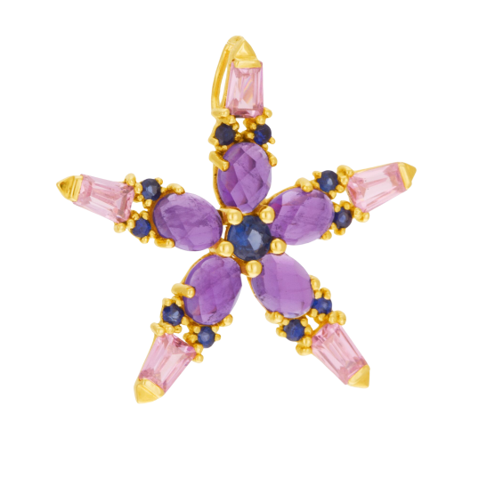 Pendentif en or jaune, améthystes, saphirs et oxydes de zirconium