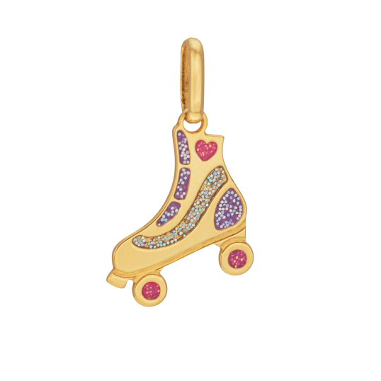 Pendentif or jaune et laque pailletée, patin à roulettes