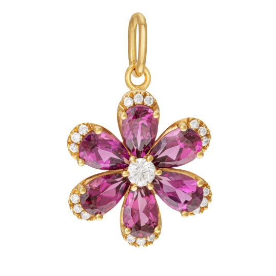 Pendentif en or jaune, rhodolites et diamants