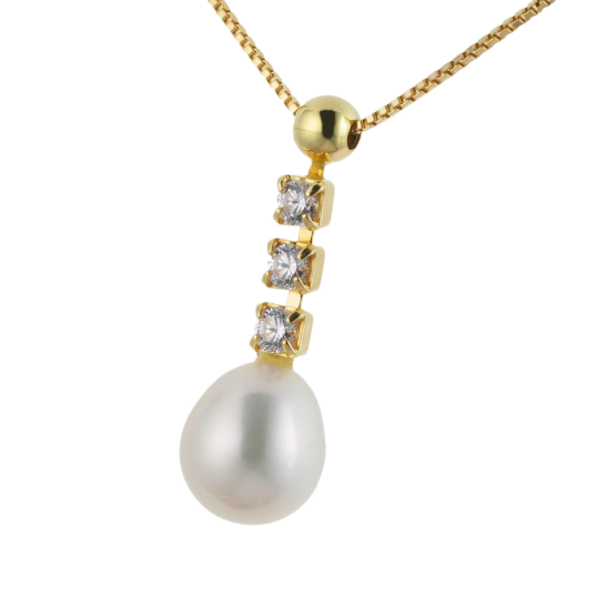 Collier en or jaune, perle de culture et oxydes de zirconium