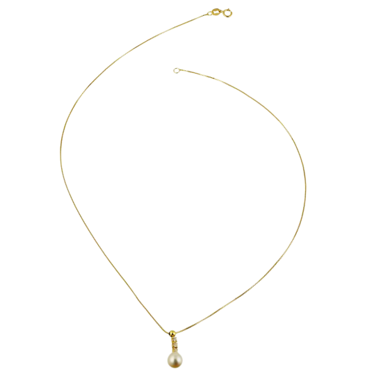 Collier en or jaune, perle de culture et oxydes de zirconium