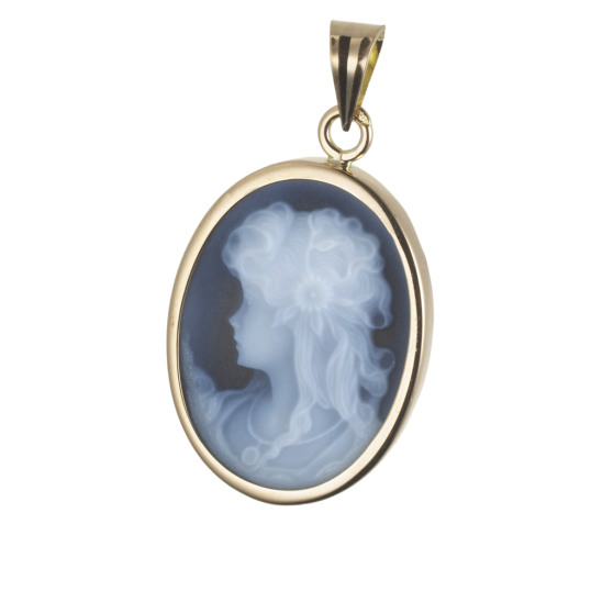 Pendentif en or jaune et camée en agate bleue 