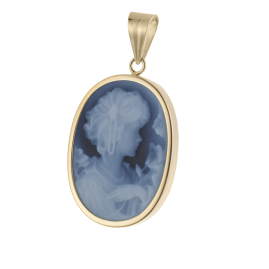 Pendentif en or jaune et camée en agate bleue 