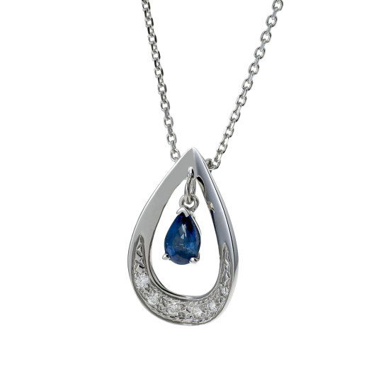 Pendentif en or gris, saphir et diamants sur chaine maille forçat Pendentif en or gris, saphir et diamants sur chaine maille forçat