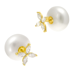 Boucles d'oreilles en or jaune, perle de culture et oxydes de zirconium