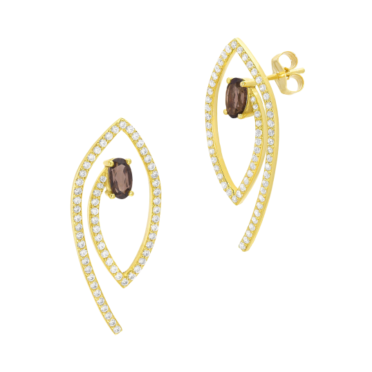 Boucles d'oreilles en or jaune, quartz fumé et oxydes de zirconium