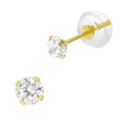 Boucles d'oreilles en or jaune, oxyde de zirconium 3 mm, poussette silicone