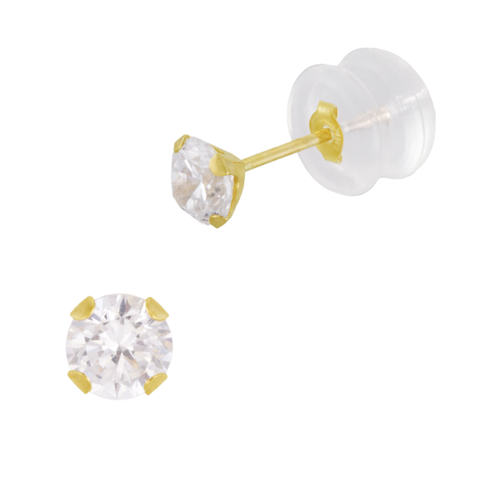 Boucles d'oreilles en or jaune et oxyde de zirconium 4 mm, poussette silicone
