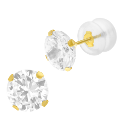 Boucles d'oreilles en or jaune, oxyde de zirconium 7 mm, poussette silicone