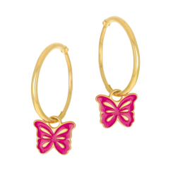 Boucles d'oreilles en or jaune et laque rose, papillon