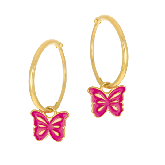 Boucles d'oreilles en or jaune et laque rose, papillon