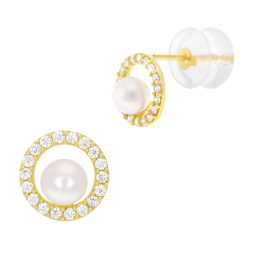 Boucles d'oreilles en or jaune, perle de culture et oxydes de zirconium