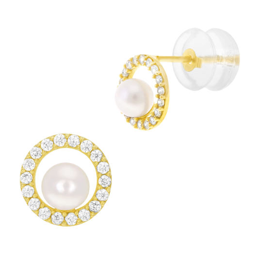 Boucles d'oreilles en or jaune, perle de culture et oxydes de zirconium Boucles d'oreilles en or jaune, perle de culture et oxydes de zirconium