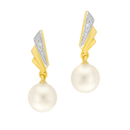 Boucles d'oreilles en or jaune rhodié, diamant et perle de culture
