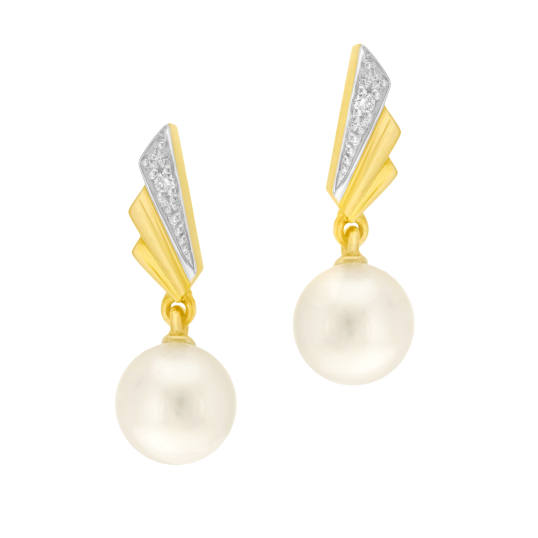 Boucles d'oreilles en or jaune rhodié, diamant et perle de culture