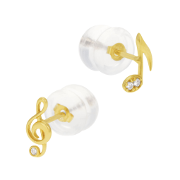 Boucles d'oreilles en or jaune et oxyde de zirconium, note musique et clef