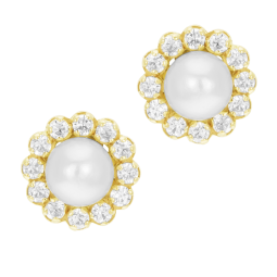 Boucles d'oreilles en or jaune, perle de culture et oxydes de zirconium
