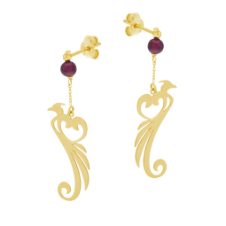 Boucles d'oreilles en or jaune et grenat, phénix 