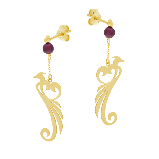 Boucles d'oreilles en or jaune et grenat, phénix  Boucles d'oreilles en or jaune et grenat, phénix