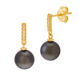 Boucles d'oreilles en or jaune, perle de culture de Tahiti et diamants