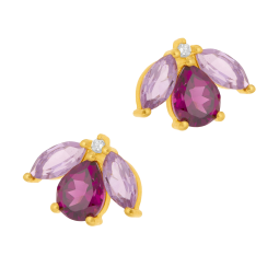 Boucles d'oreilles en or jaune, améthystes, rhodolite et diamant