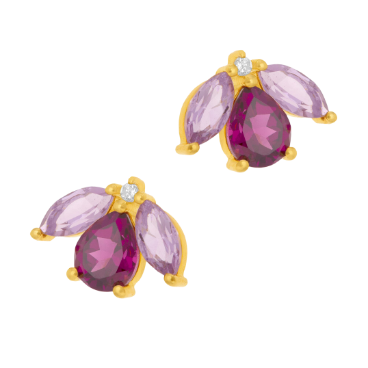 Boucles d'oreilles en or jaune, améthystes, rhodolite et diamant