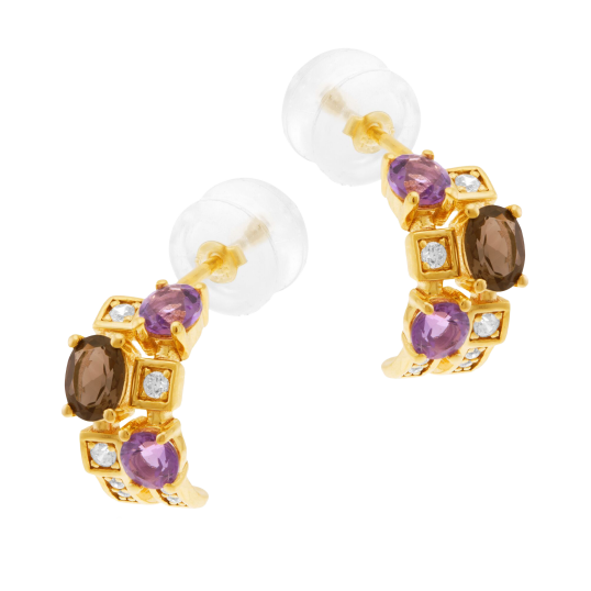 Boucles d'oreilles en or jaune, améthystes, quartz fumé et oxydes de zirconium