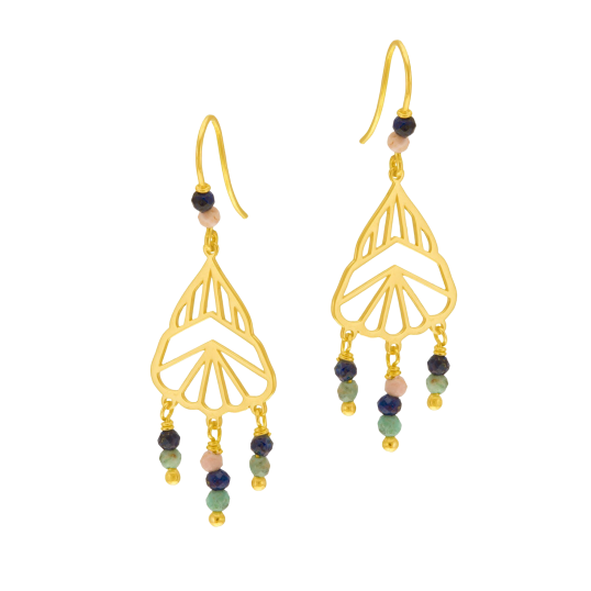 Boucles d'oreilles en or jaune, lapis lazuli, turquoises et rhodochrosites