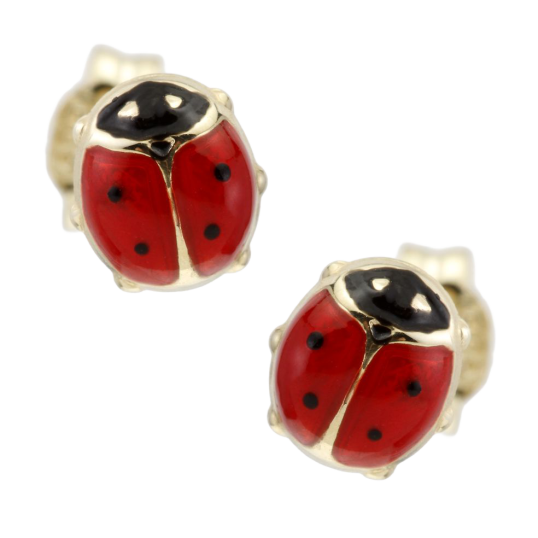 Boucles d'oreille en or jaune, coccinelle et laque