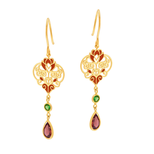 Boucles d'oreilles en or jaune, laque, grenat et oxydes de zirconium