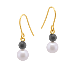 Boucles d'oreilles en or jaune, perle de culture et hématite