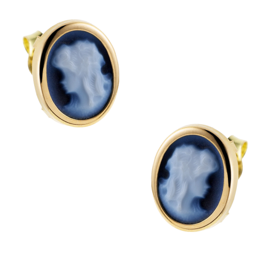 Boucles d'oreilles en or jaune, camée agate bleue 