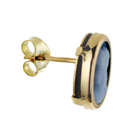 Boucles d'oreilles en or jaune, camée agate bleue 
