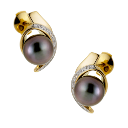 Boucles d'oreilles en or rhodié, perle de culture de Tahiti et diamants