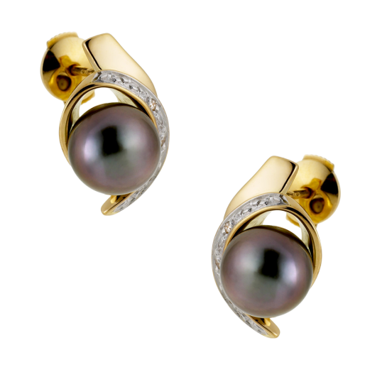 Boucles d'oreilles en or rhodié, perle de culture de Tahiti et diamants