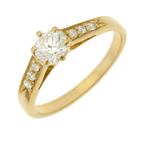 Bague solitaire accompagné en or jaune diamants serti 6 griffes