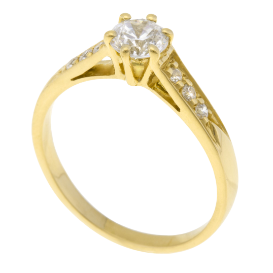 Bague solitaire accompagné en or jaune diamants serti 6 griffes