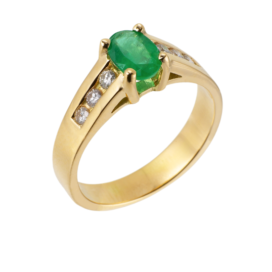 Bague en or jaune, émeraude et diamants
