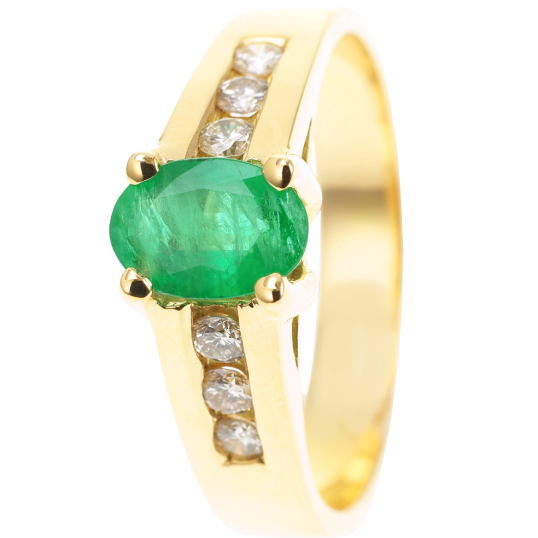 Bague en or jaune, émeraude et diamants