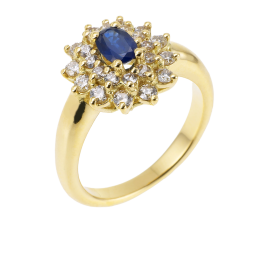 Bague en or jaune, saphir double entourage diamants