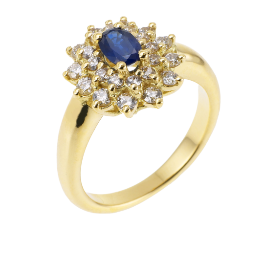 Bague en or jaune, saphir double entourage diamants