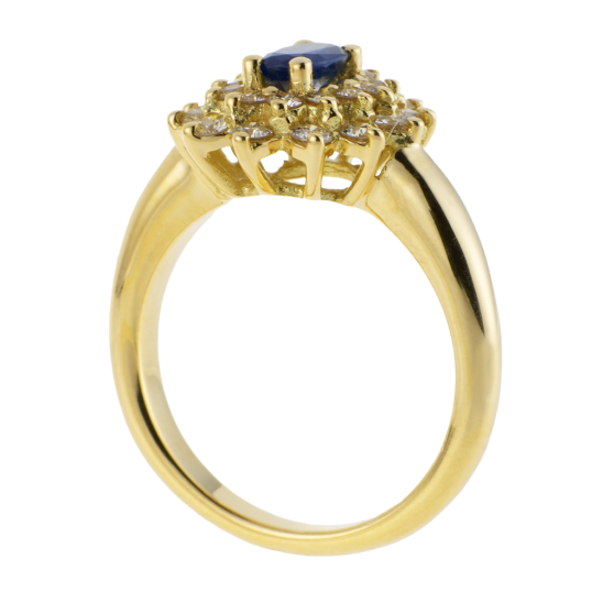 Bague en or jaune, saphir double entourage diamants