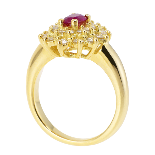 Bague en or jaune, rubis double entourage diamants