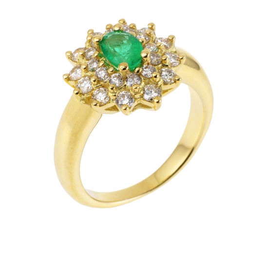 Bague en or jaune, émeraude double entourage diamants