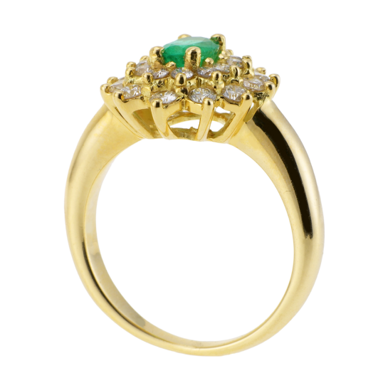 Bague en or jaune, émeraude double entourage diamants