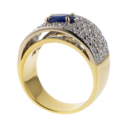 Bague jonc en 2 ors, saphir et pavage diamants