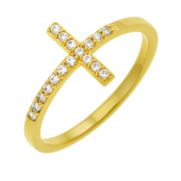 Bague en plaqué or, oxydes de zirconium, croix