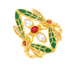 Bague en plaqué or, oxydes de zirconium et laque, libellule