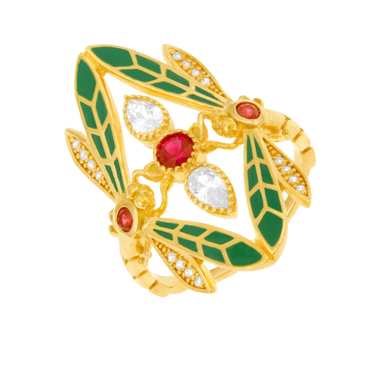 Bague en plaqué or, oxydes de zirconium et laque, libellule